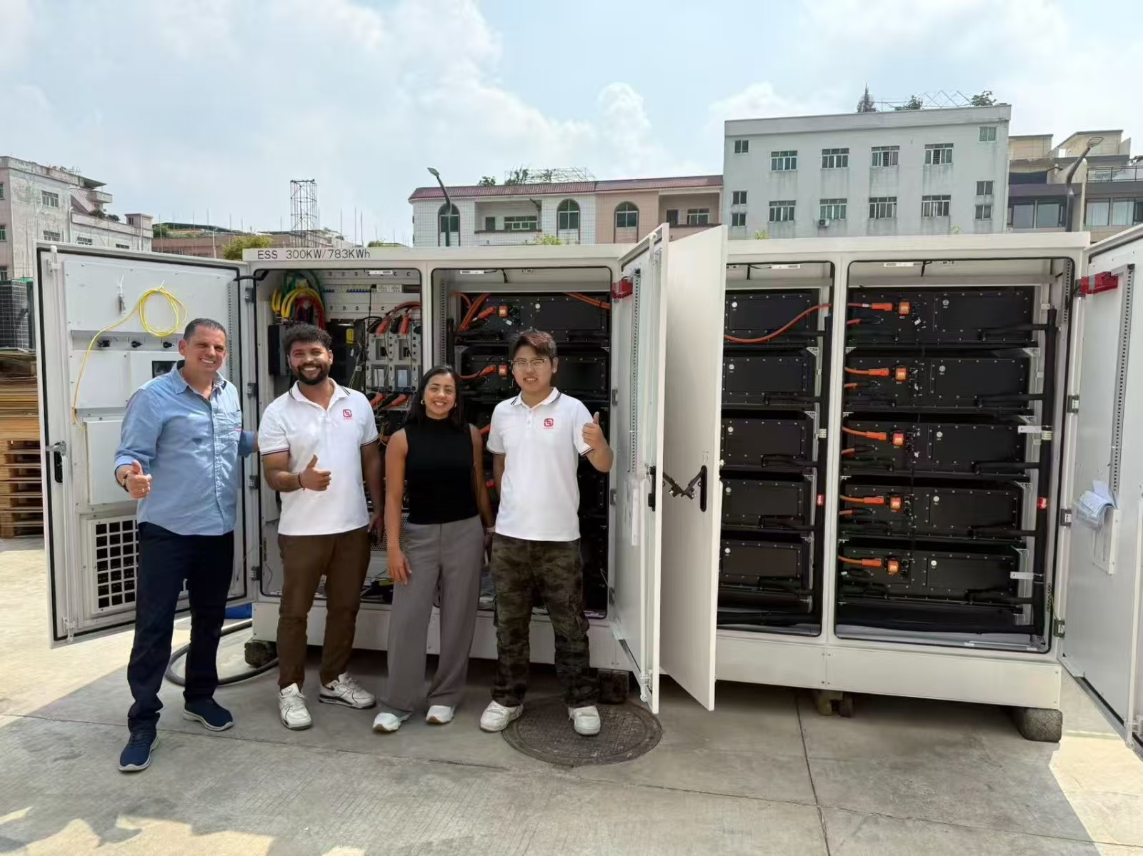 How to Choose a PCS for Your BESS: Inverter Sizing, Voltage and Grid-Linking TAOYAN team in front of the opened 300kW / 783kWh ESS battery cabinets